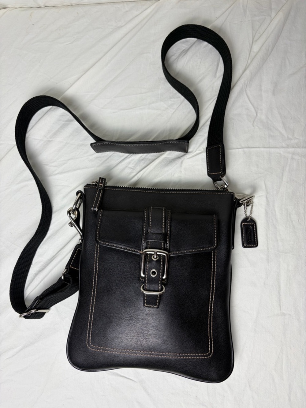 Vintage Coach Black Leather Buckle Flap Crossbody Bag Y2K EUC